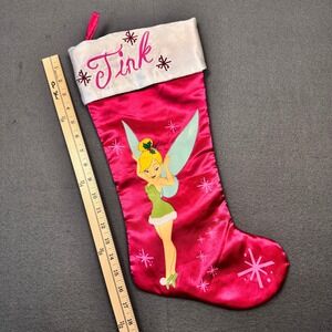 Disney Tinkerbell Christmas Stocking Glitter Pink White Embroidered 2009 19in‎